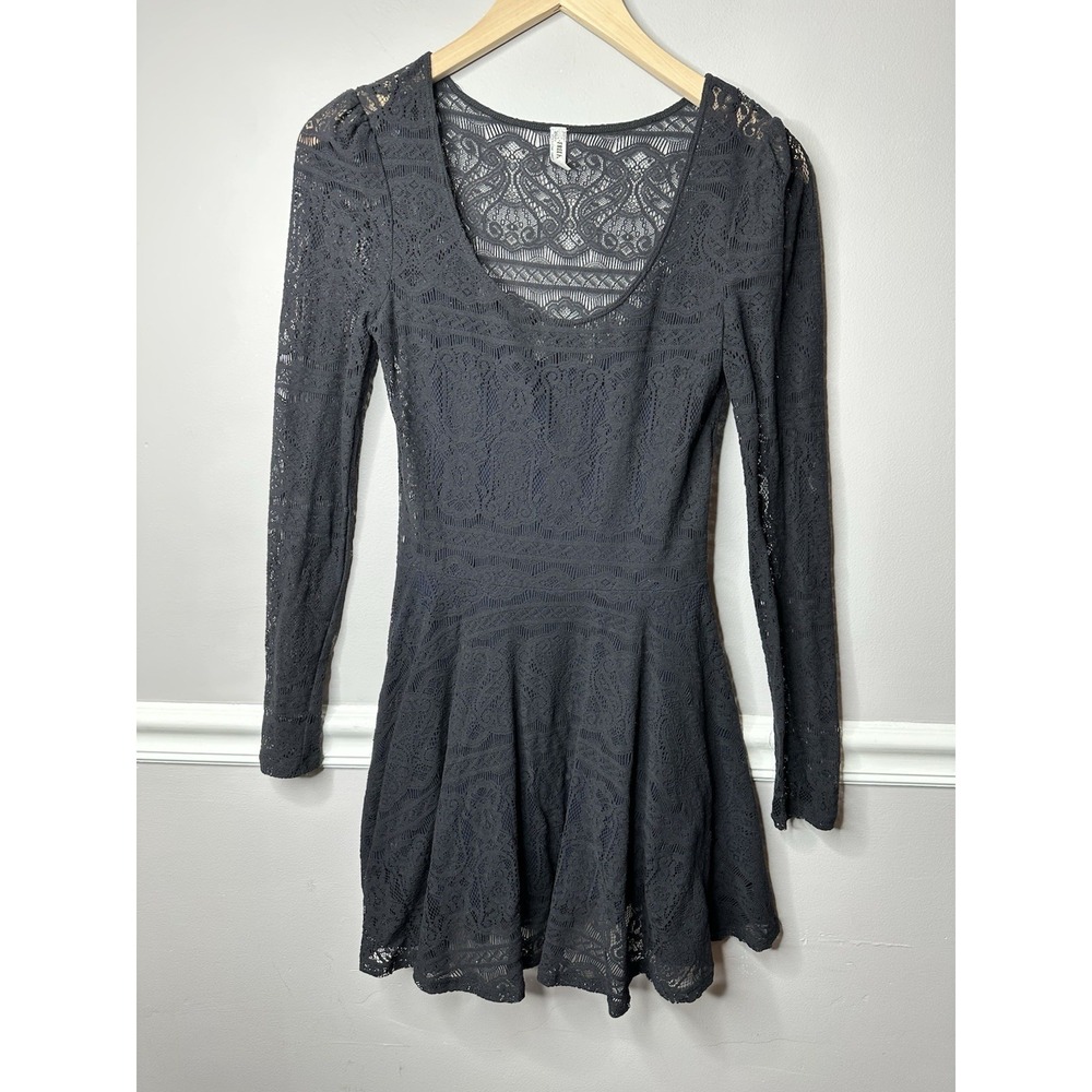 Free People Dress Black Gothic Babydoll‎ Pleated Mini Dress Lace Bodice Size XS